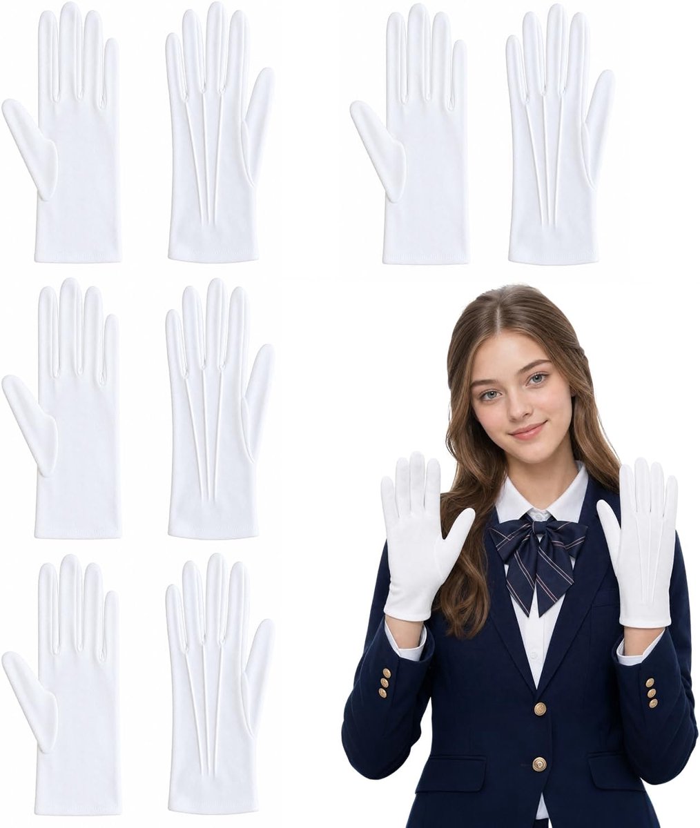 4 paar witte handschoenen, wit polyesterkatoen | Zachte, wasbare formele handschoenen, 23cm