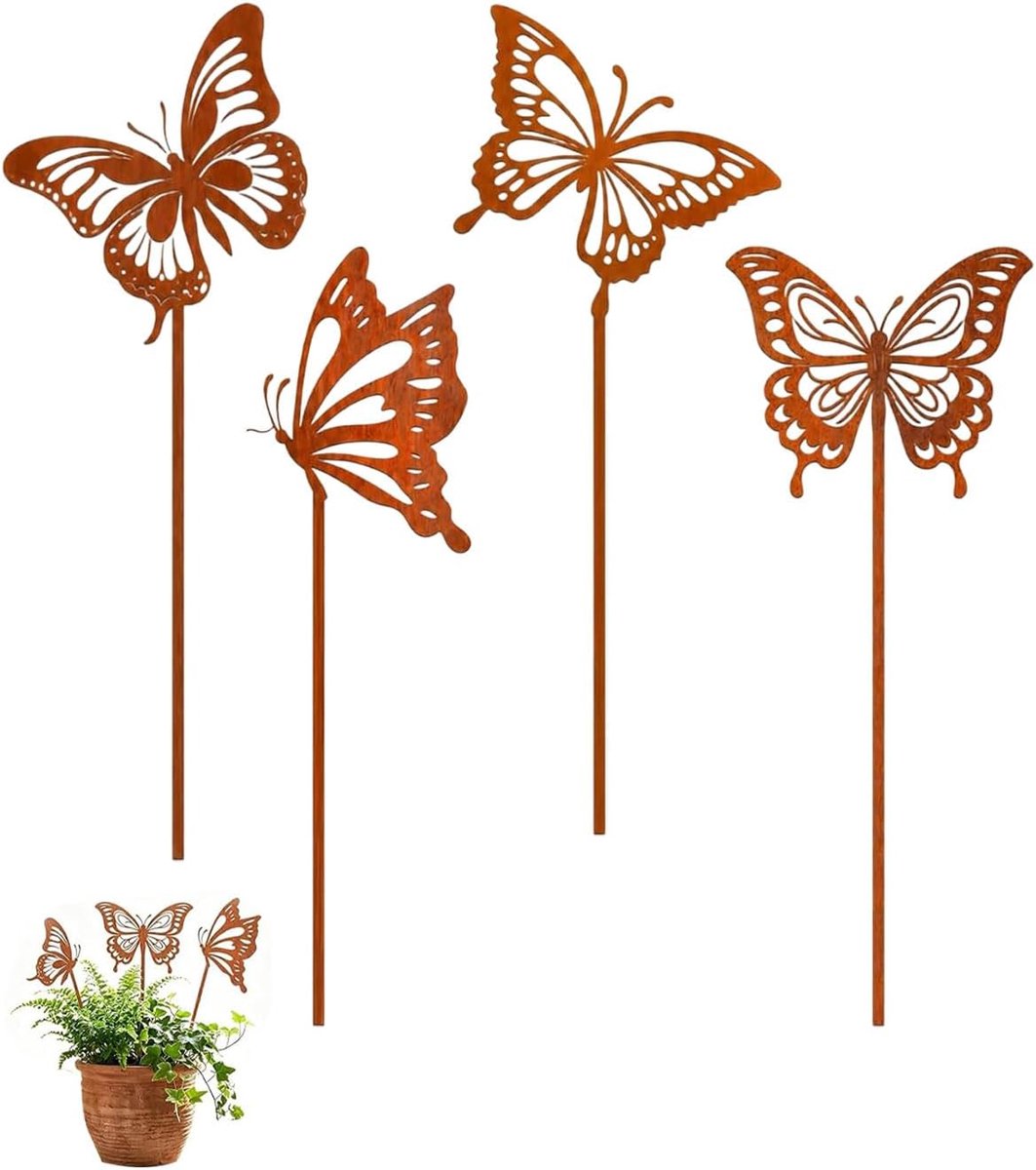 Vlinderpalen voor de tuin, 4 stuks, decoratie voor buiten, rustiek staal, metalen figuren voor terras, bloempotten, tuindecoratie, kerstdecoratie