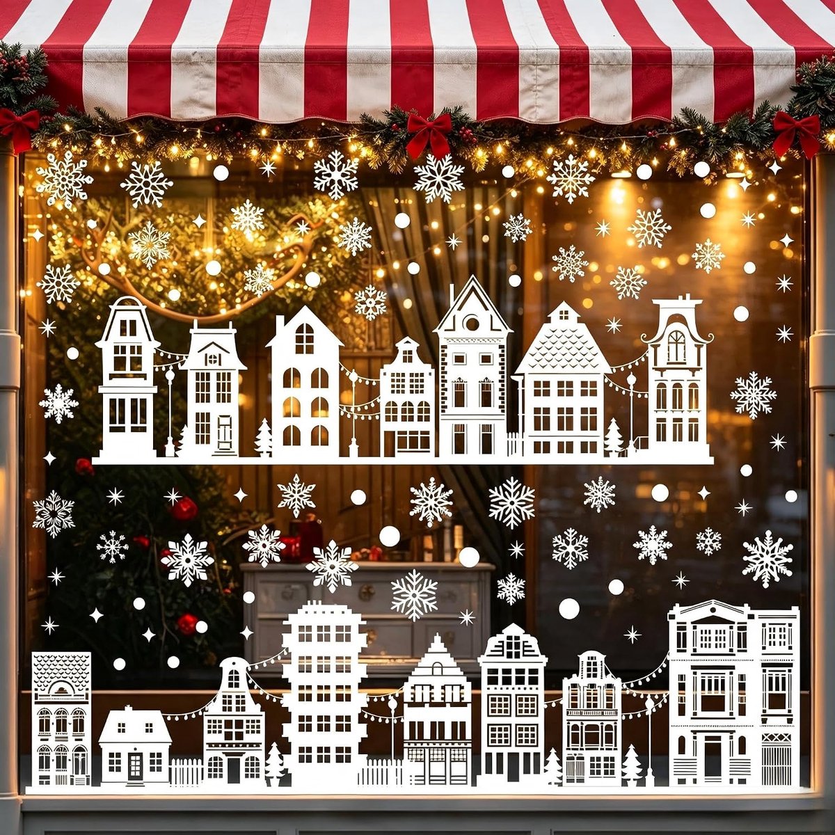 Raamstickers – 137 stuks wit met sneeuwhuisjes en vlokken, raamdecoratie, winterdorp, raamdecoratie