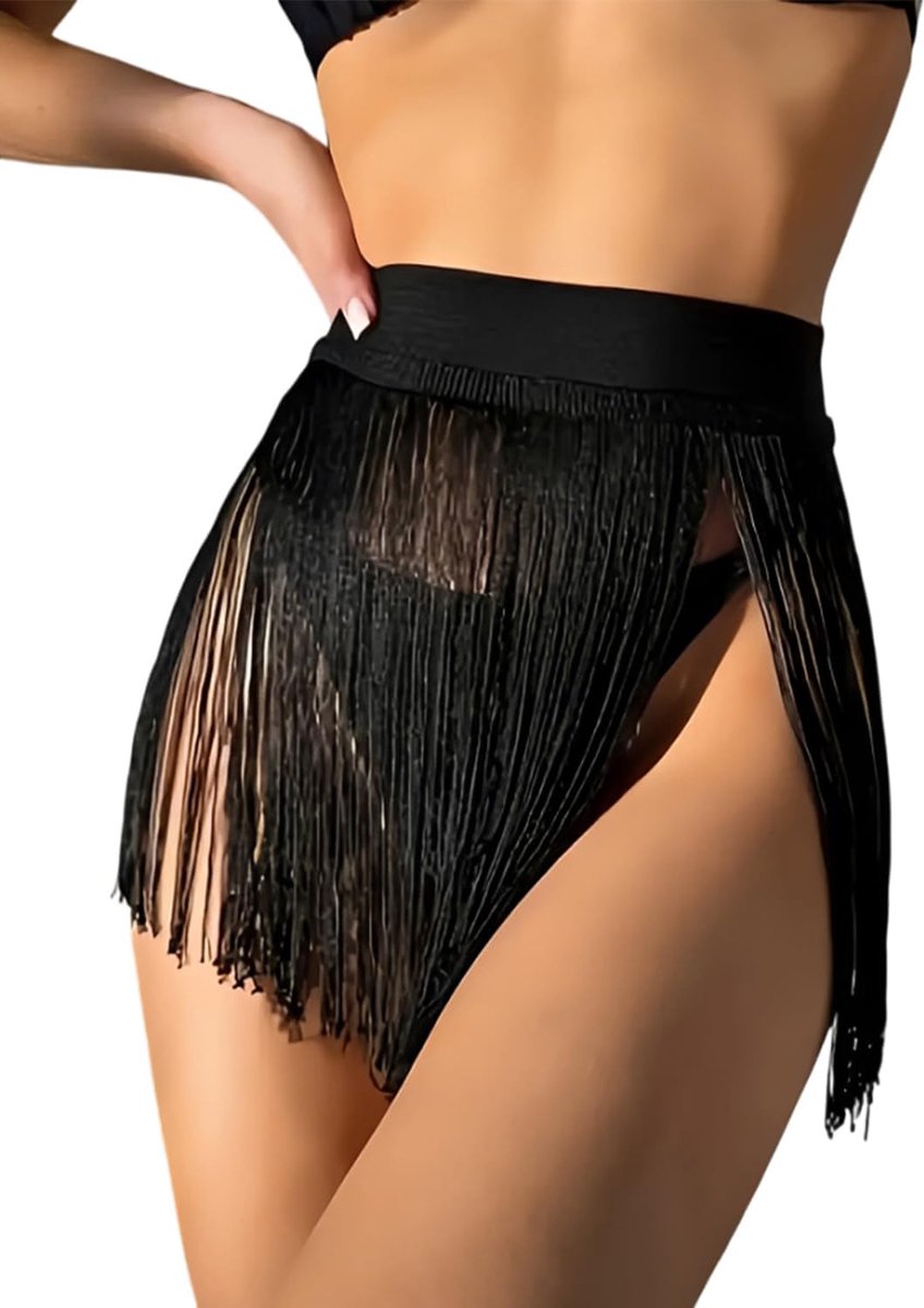 Minirok voor dames met franjes en pailletten, 1 stuk, zomerrok voor strand, carnaval, rave, morfologische aanpassing en natuurlijke ventilatie, zwart