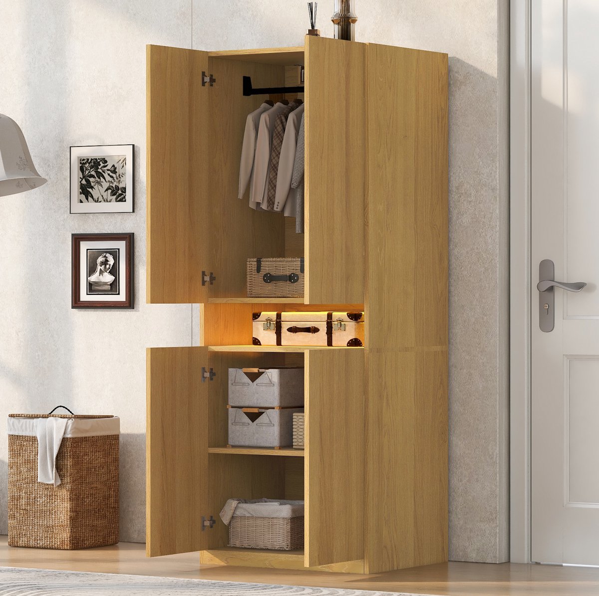 OKWISH Kledingkast - Dubbele Deuren Met Led-Verlichte Opbergvakken - Voor Slaapkamer En Hal - MDF Houtkleur - 70 x 55 x 180 cm