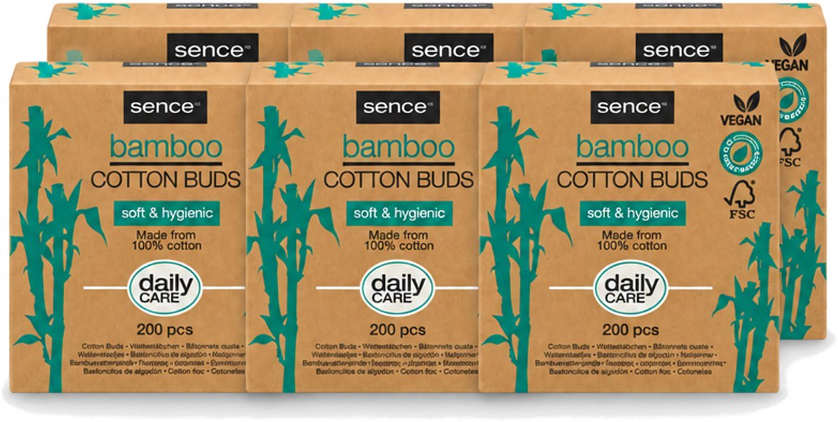 6 x Sence - Bamboe - Wattenstaafjes - Afbreekbaar & Vegan - 200 Wattenstaafjes - Voordeelverpakking - 6 stuks