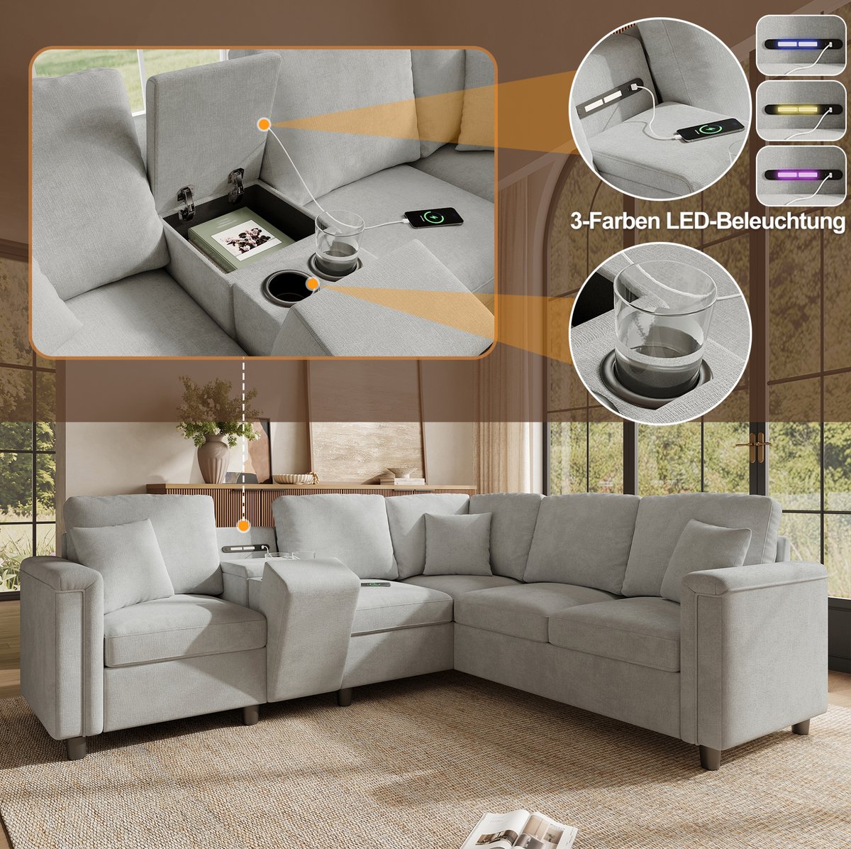 MIVRAY Hoekbank 235 x 208 cm - 5-Zits Met Opbergconsole, Bekerhouders, USB, Type-C En Leeslamp - Woonkamer - Chenille Lichtgrijs