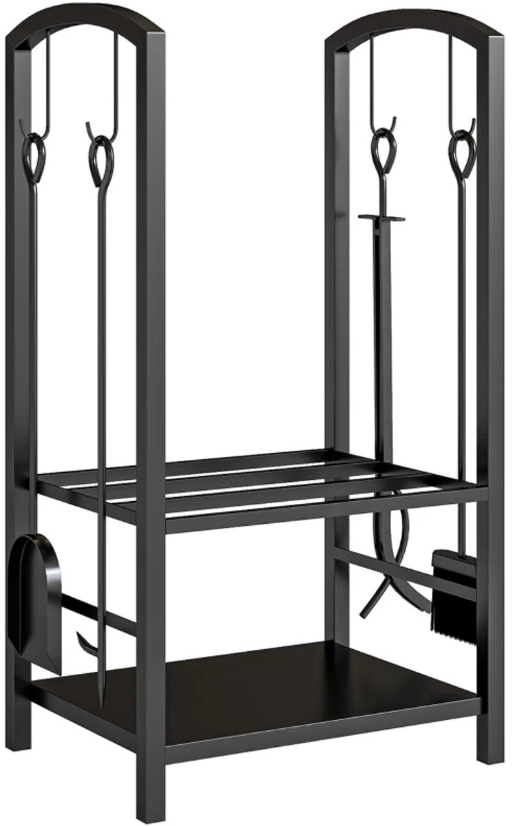 Haardaccessoires - Brandhoutstandaard - Brandhoutrek Met 2 Niveaus En Haardbestek - Draagvermogen Tot 100 kg - Staal - 40 x 30 x 74,5 cm - Zwart