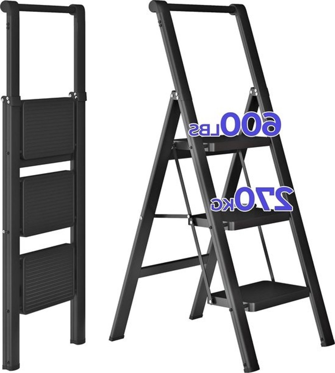 Trapladder opvouwbare Heavy Duty vouwladder 3 treden zwart met antislipmat - trapladder