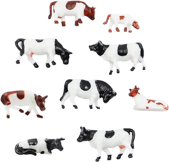 Assortiment van negen kleine wit-zwarte en wit-bruine koeienfiguren in verschillende houdingen.