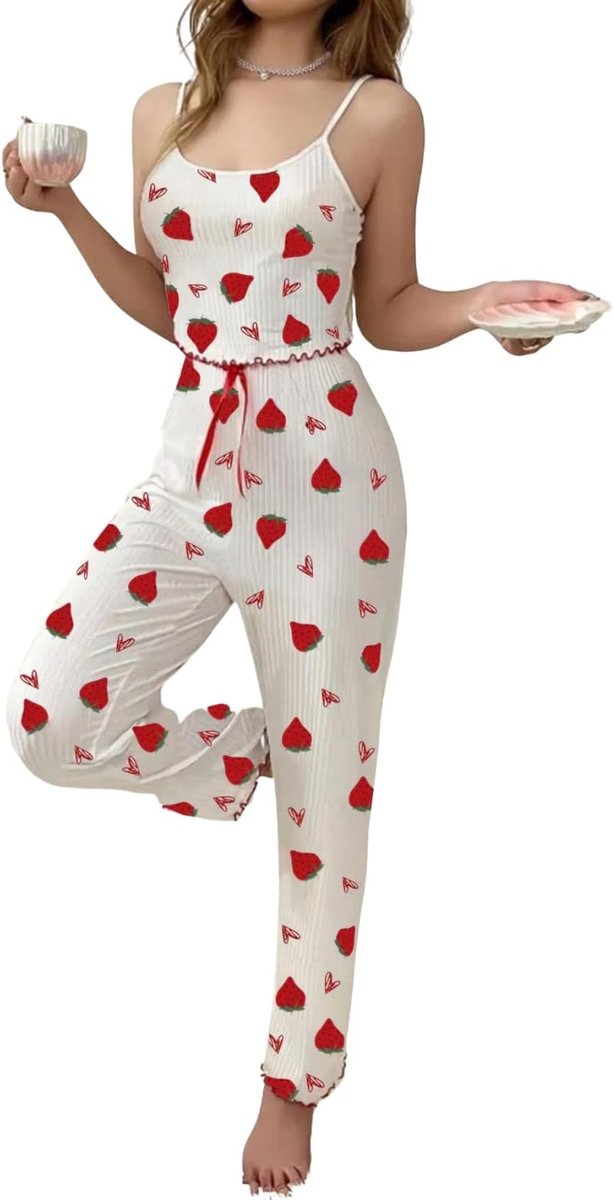 2-delige pyjamaset voor dames, met hartvormige print, camisole top en broek, sexy pyjama, schattig, comfortabel, mouwloos, sleepwear