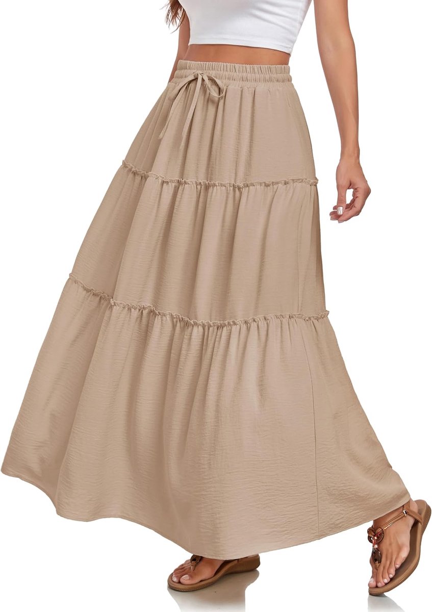 Rokken A-Lijn Elegante Hoge Taille met Ruches Maxi-Rok Met Trekkoord Zomer Elastische Casual Met 2 Zakken