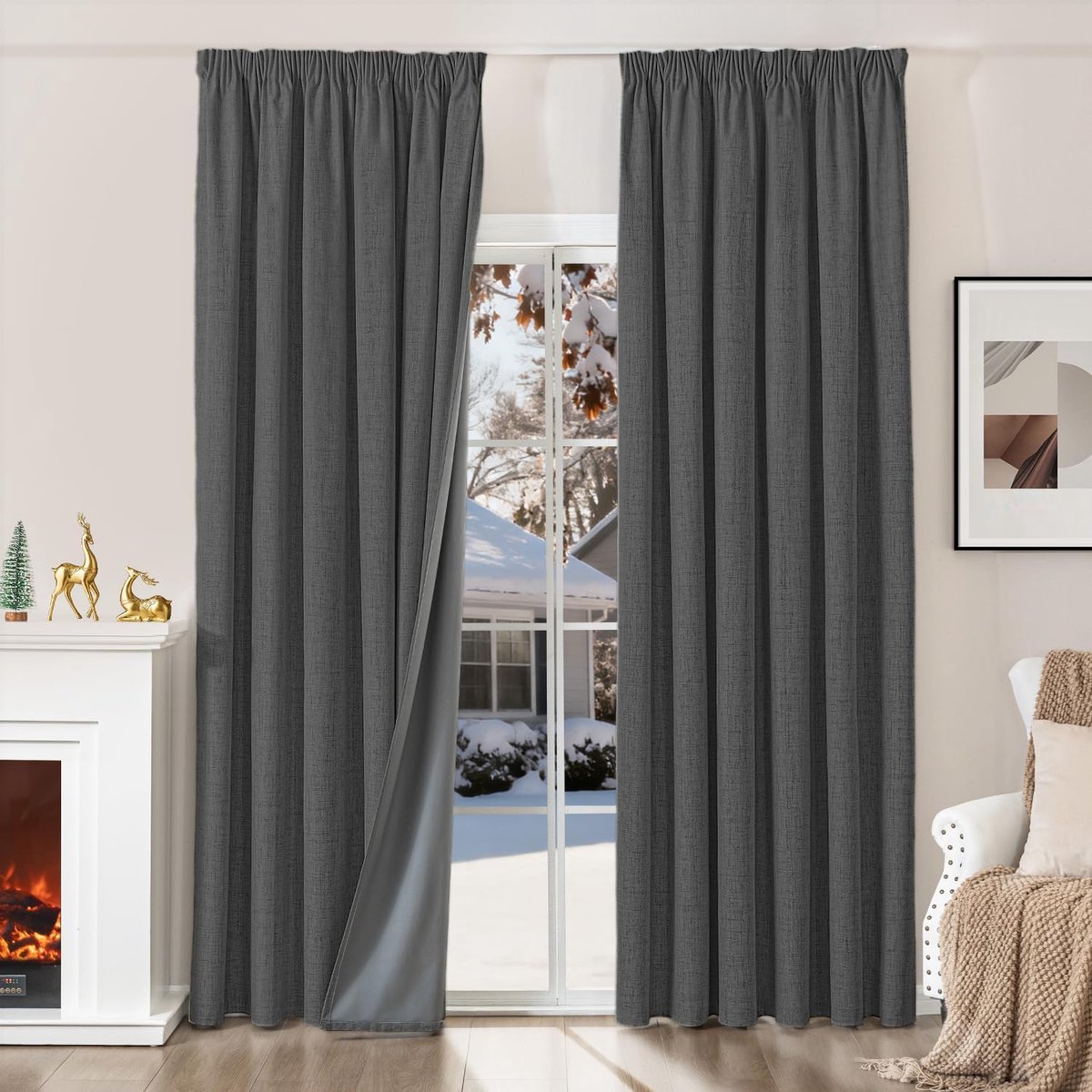 100% verduisteringsgordijn, warmte-isolerend, tegen kou, 2 x 200 x 245 (l x h), linnen, ondoorzichtig, met plooiband, voor woonkamer, slaapkamer, huis, tegen hitte, lawaai, grijs