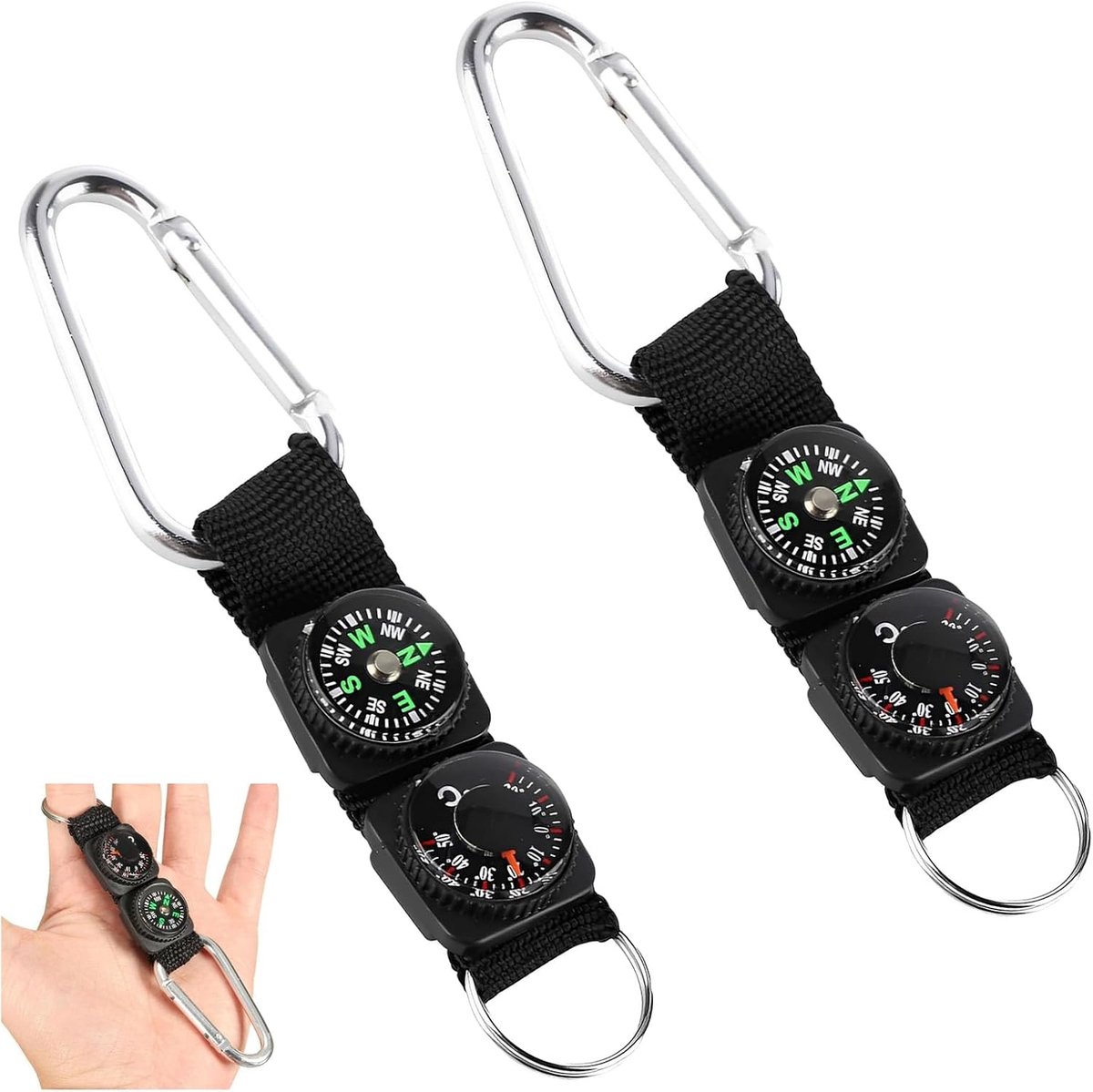 Kompas, 2 stuks klein zakkompas met sleutelhanger en karabijnhaak, duurzaam, waterdicht, draagbaar navigatiegereedschap voor wandelen, kamperen, outdoor, avontuur, mini-oriëntatiecompas