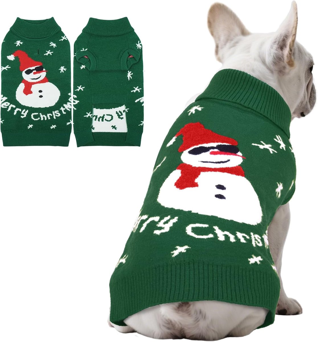 Kersttrui voor honden, knusse sneeuwpoptrui, kleine, warme wintertrui met harnasgat voor Shih Tzu, slanke mopshond, groen, M