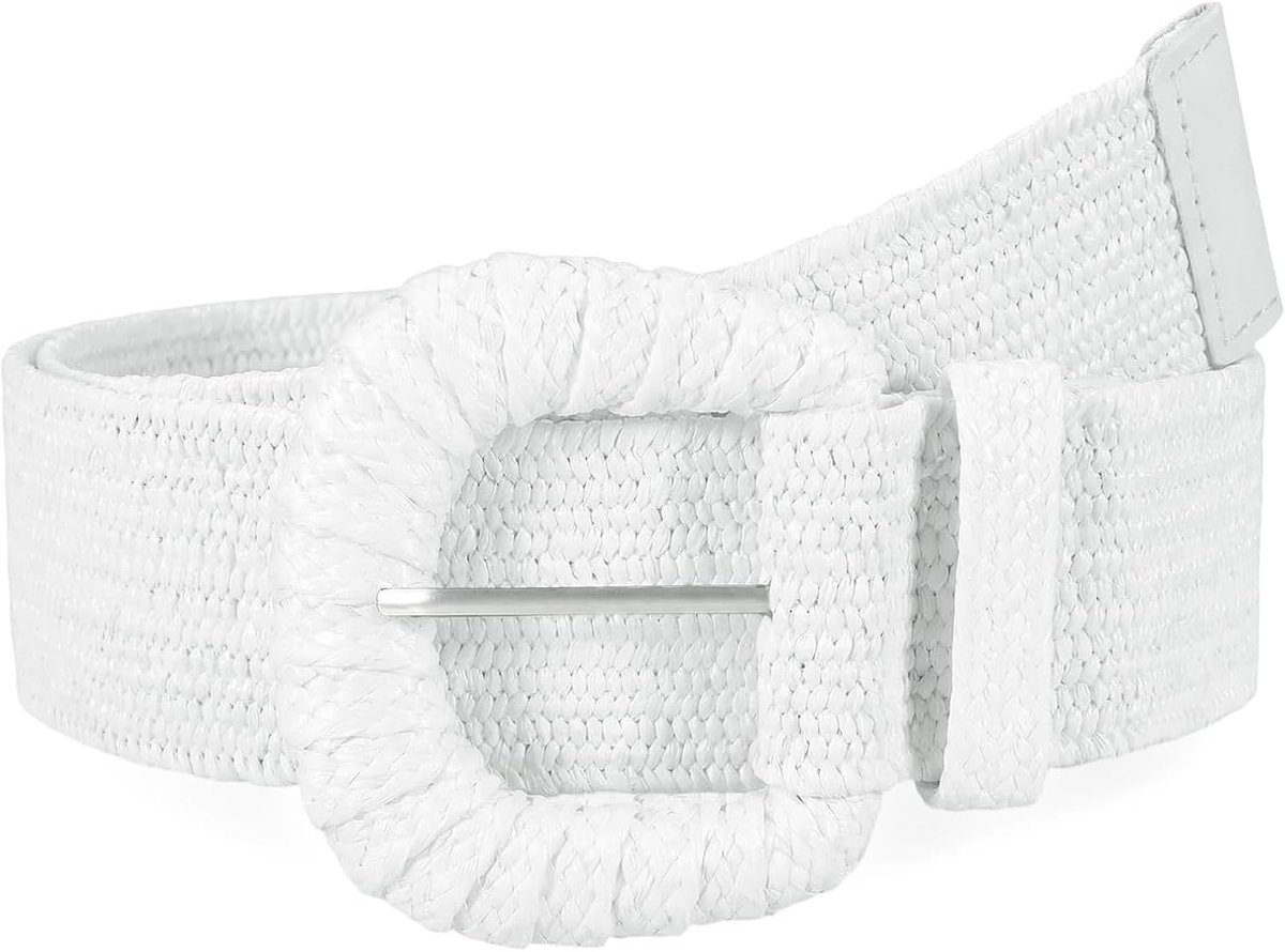 Belt Women Braided & Elastic Ladies Belt, Straw Bast Rattan Braid Belt, White Boho for Summer Beach Vacation, Waist - ShopVlot