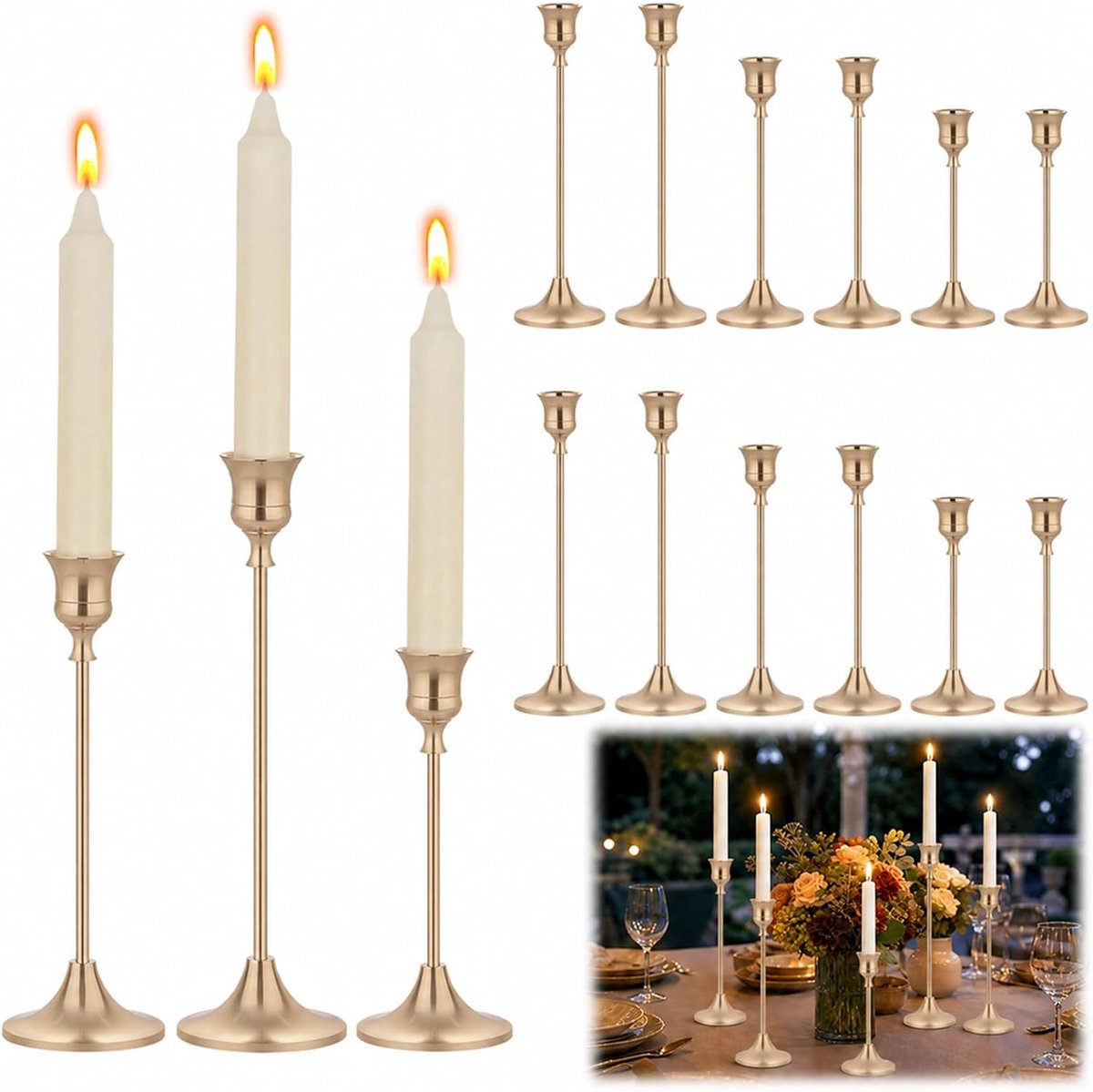 Goudkleurige kandelaar, set met 12 kandelaars