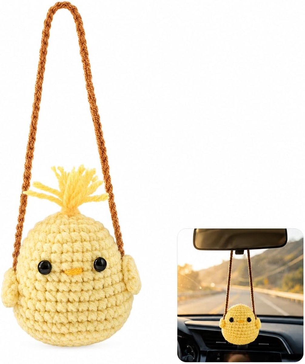 1 stuk kuiken gehaakte achteruitkijkspiegel auto, hanger, handgemaakt, autoaccessoires, schattig, voor spiegel, interieur, tas, cadeau, 10 cm, kleurrijk, licht, schattig