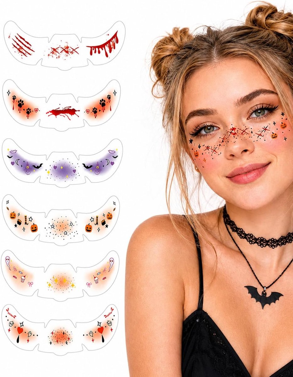 6 vellen Halloween-tatoeages, 15 x 5 cm, kleur sproeten, huidveilige watertransfer-tattoo, ideaal voor carnaval en party, met water gemakkelijk te verwijderen