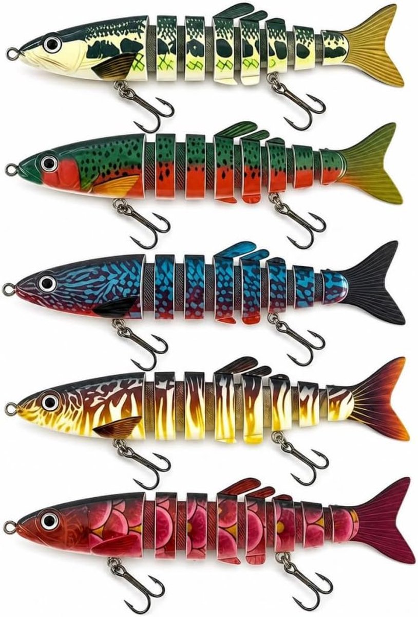 12 cm - 8 segment scharnierend aasset, wobbler met stalen ballen en 3D-ogen - visaas voor snoekbaars, baars, forel en snoek, geschikt voor zoet en zeewater