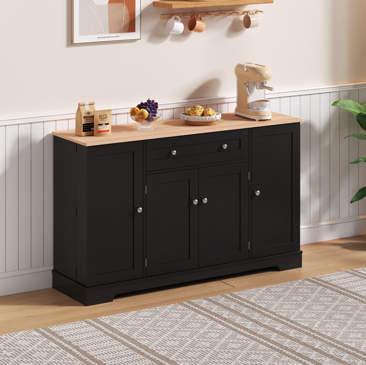 WUVRIE Buffetkast 138 x 40 x 85 cm - 1 lade, openslaande deuren en verstelbare planken - Zwart