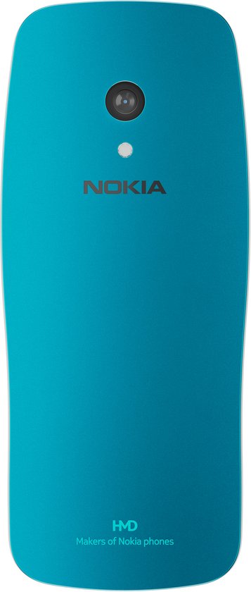 Achterkant van een felblauwe Nokia telefoon met camera en HMD logo.