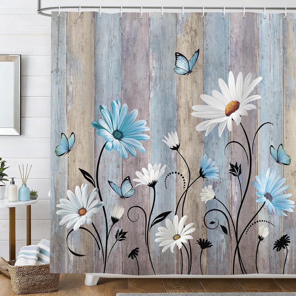 Douchegordijn, rustiek, 180 x 200 cm, madeliefjes, blauw, wit, achtergrond van hout, vlinder, waterdicht, polyester, badgordijn met 12 haken, machinewasbaar, voor badkamer/badkuip