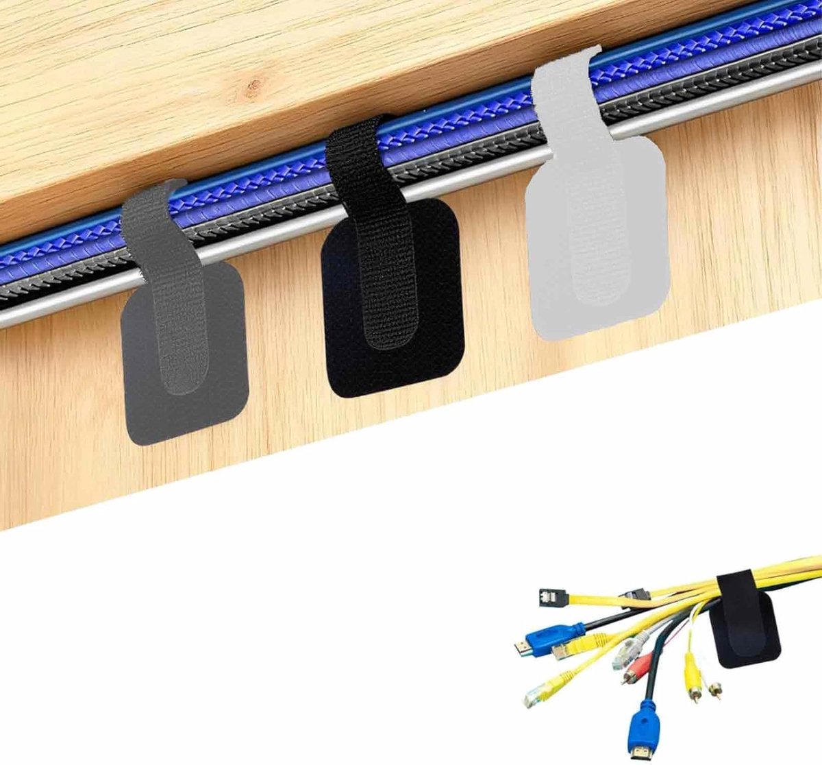 Set – 50-delige herbruikbare kabelbinders met kleefstrip, haak en lus sluiting – extra lange kabelriemen – zwart – ideaal voor kantoor en thuisgebruik