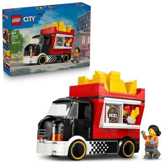 LEGO City snackwagen met LEGO-poppetje, gele frietjes op dak, rode en zwarte details.