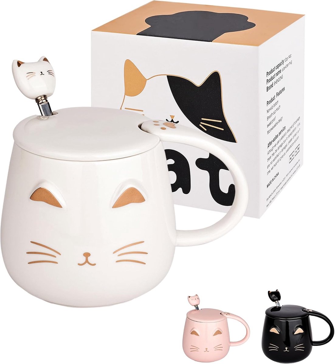 Kattenmok keramische koffiekop met kawaii-deksel en mooie roestvrijstalen lepel, nieuwigheid ochtendbeker koffie melk thee mokken - 3D dierenmokken voor kattenliefhebbers vrouwen