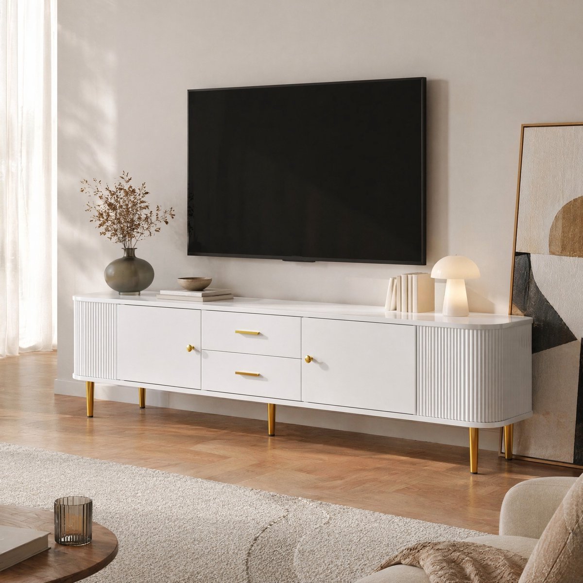 WUVRIE TV-meubel 170x34x45 cm - 2 lades en 2 deuren - Wit met gouden details
