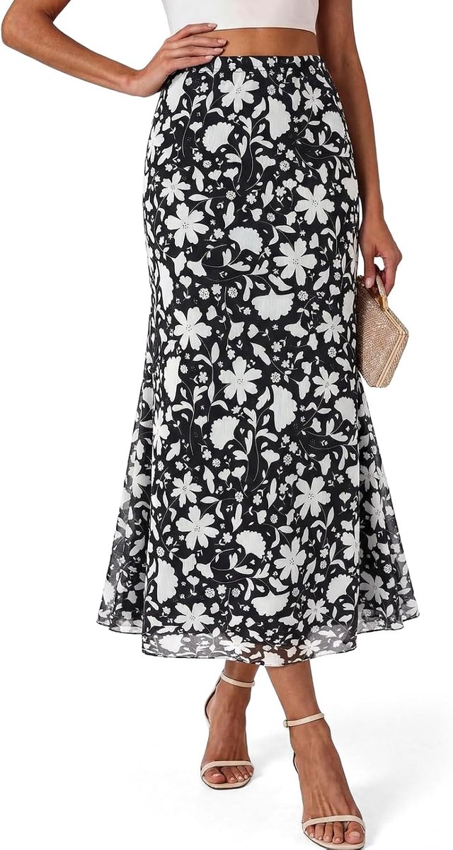 Wenrine Long Floral Skirt A-line Leopard Elastic High Waist Casual Polka Dot Skirt - ShopVlot
