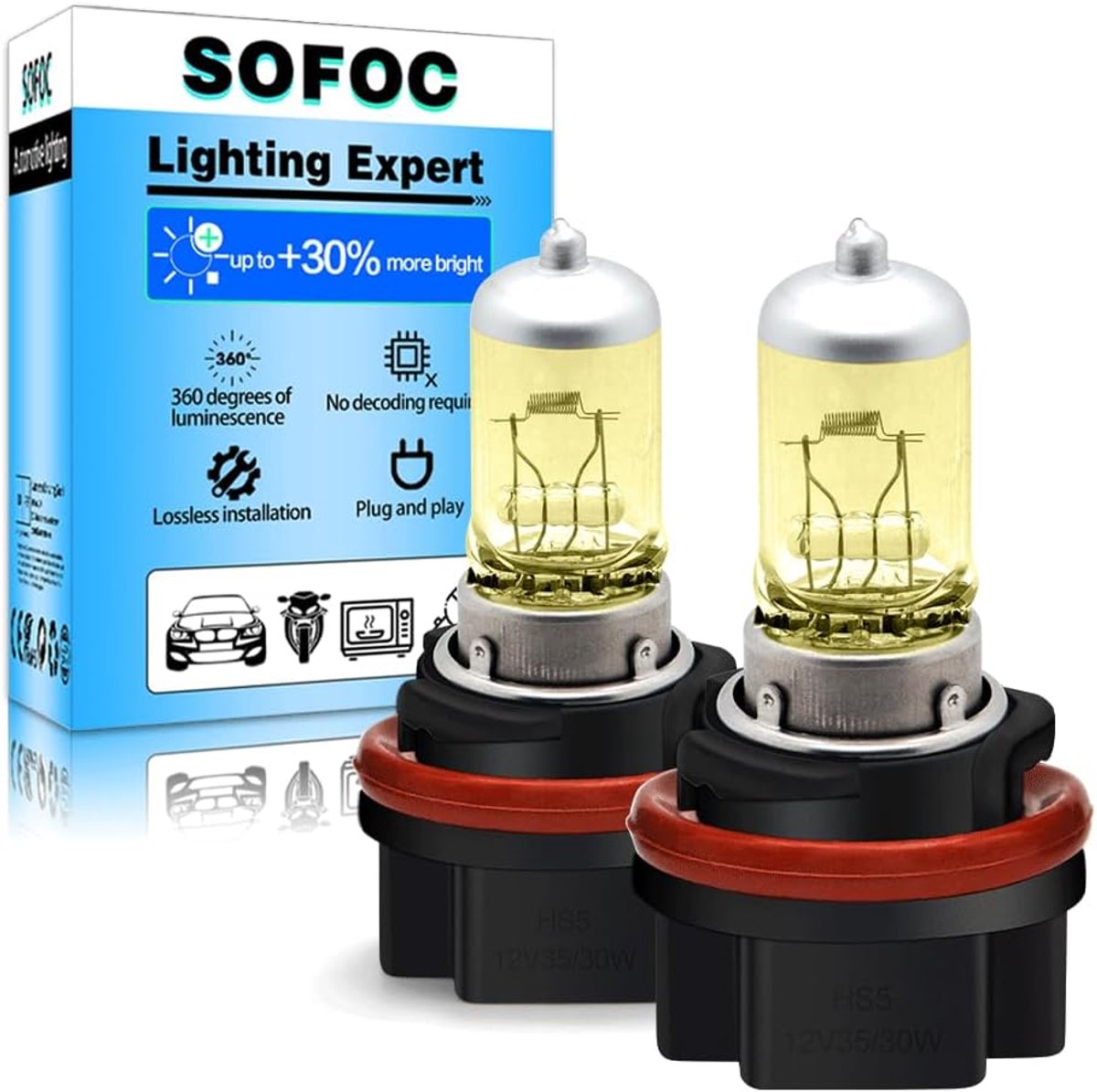 SOFOC HS5 12V 35W Yellow 3000K Halogen Dual Filament Headlamp for High Brightness Low Beam Easy Installation for - ShopVlot
