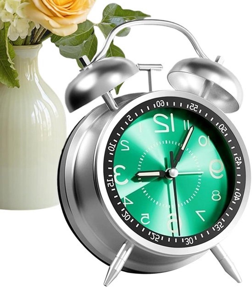 Analoge wekker - Klassieke klok - Met dubbele bel - Om wakker te worden - Stil - Niet-tikkend - 13 cm - Groen