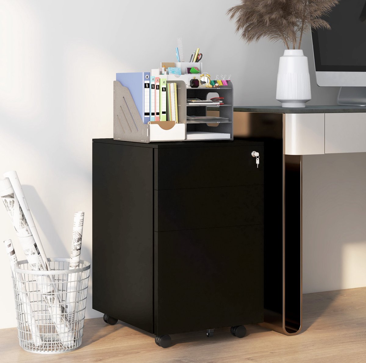 WUVRIE Afsluitbare archiefkast 37x43,5x60 cm - 3 lades, wielen en remmen - Zwart