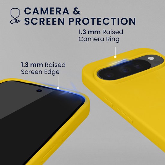Gele hoes met 1,3 mm verhoogde randen voor camera- en schermbescherming.
