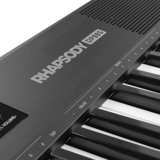 Zwart Rhapsody DP88S keyboard met 88 toetsen en luidsprekerrooster.