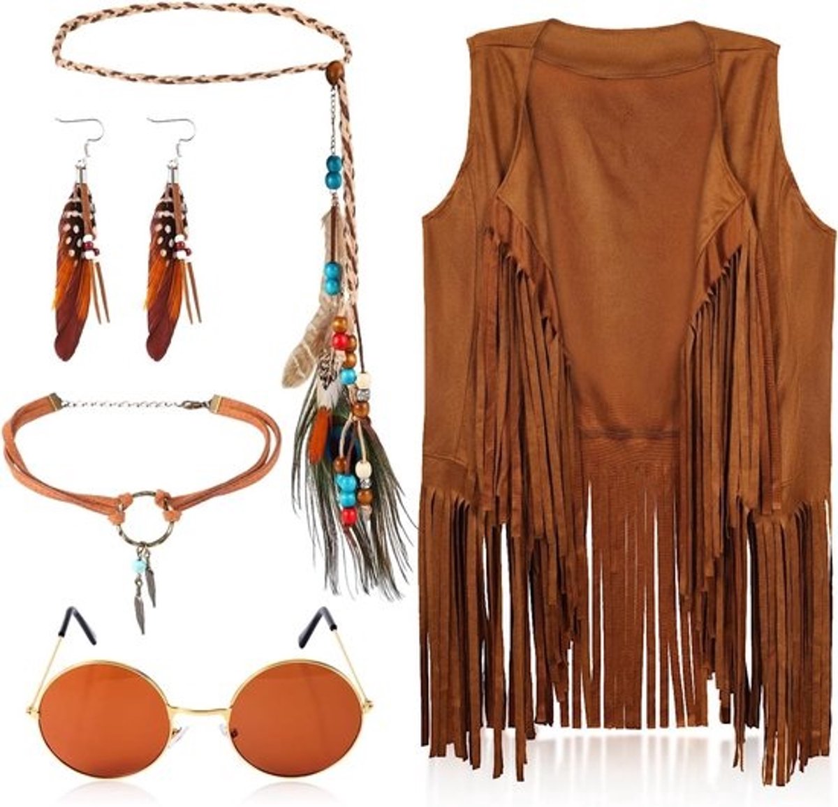 Hippiekostuumset voor vrouwen met 5 stuks - Inclusief tassels, halsketting, oorbellen en geweven hoofdband - Voor feestjes en thema-avonden, multikleur