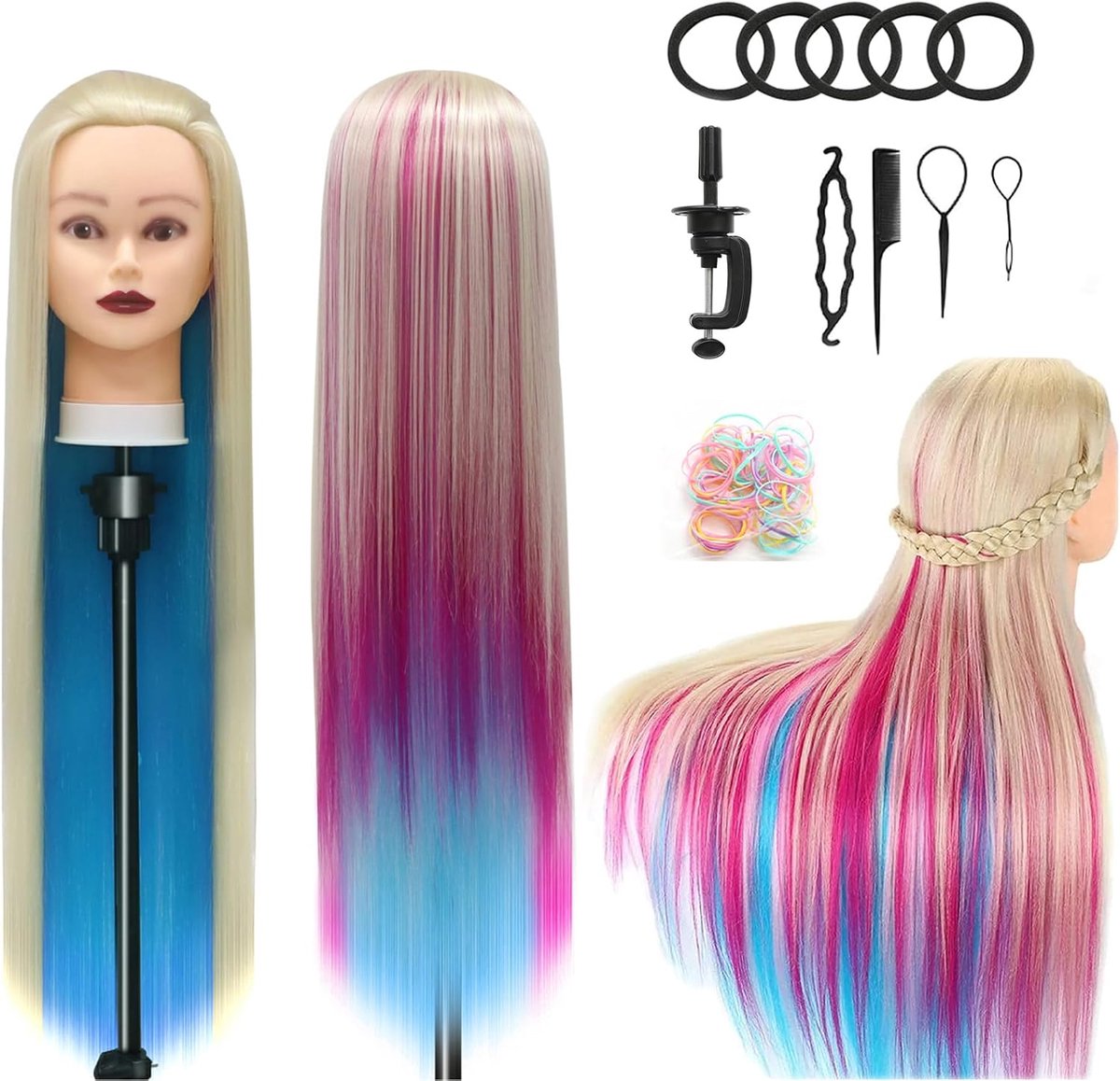 28 inch Kappershoofd 100% Synthetische Vezels Kappers Hoofd Kapper Training Hoofden met Klem en DIY Vlechten Set (Regenboog)