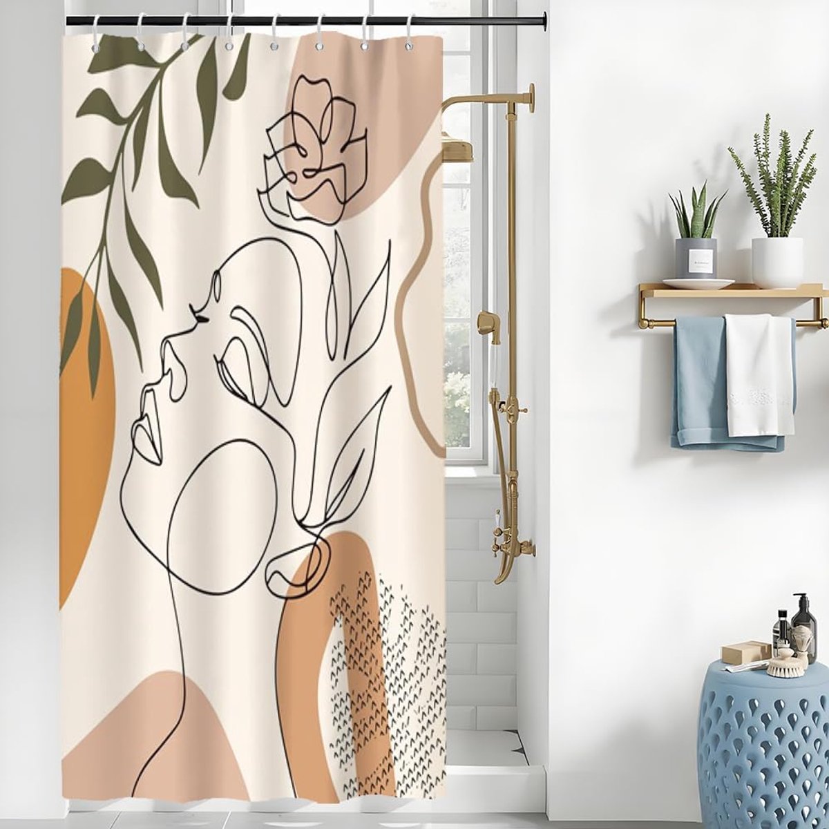 Douchegordijn, abstract gezicht, midden van de eeuw, vrouw, minimalistisch douchegordijn, anti-schimmel, waterdicht, polyester, wasbaar, badgordijn met 8 haken, 120 x 200 cm (b x h)