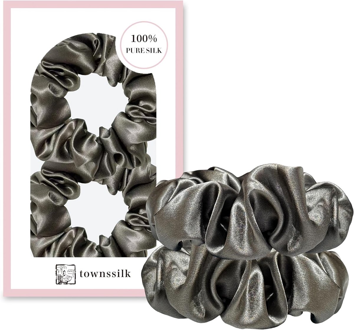 SnelShoppen - Set van 2 Luxe Zijde Scrunchies, 100% Mulberry Zijde 6A/22 Momme, OEKO-TEX Gecertificeerd, Haarvriendelijk, Bulky Elastisch, Grijs, Idea