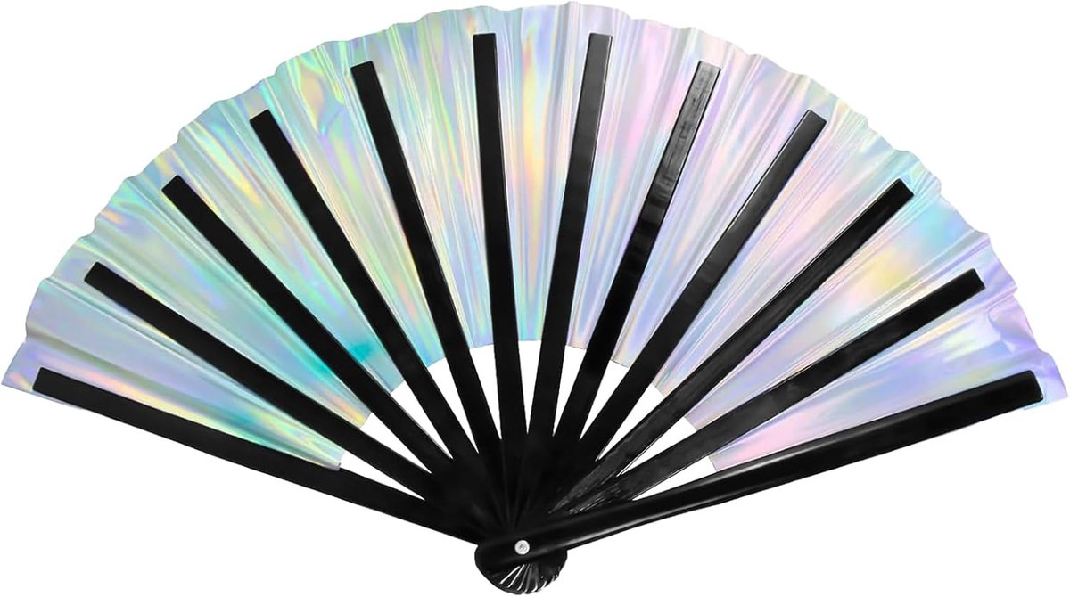 PVC Folding Hand Fan, 33cm Bamboo Ribs Reflective Fabric, Rave, Dance, Wedding, Party Fan - ShopVlot