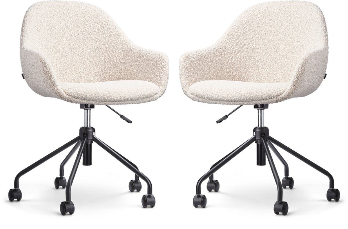 Nolon Nout-Mae Bureaustoelen Set van 2 Bouclé Beige - Stof - Verstelbaar - Wieltjes - Zwart Onderstel - Design - Comfortabel Bouclé - Beige - Zwart onderstel
