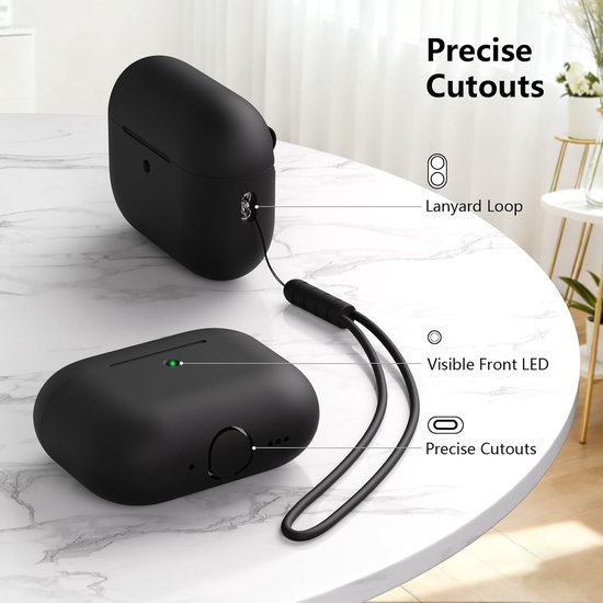 Compatibel met Airpods Pro 3e generatie, volledige bescherming, siliconen hoes voor AirPods Pro 3 met koord, led aan de voorkant, zwart — afbeelding 4
