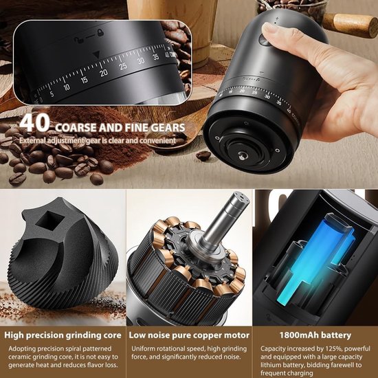 Draagbare koffiebonenmaler met 40 maalinstellingen, USB oplaadbaar, ideaal voor espresso, kruiden en granen — afbeelding 2