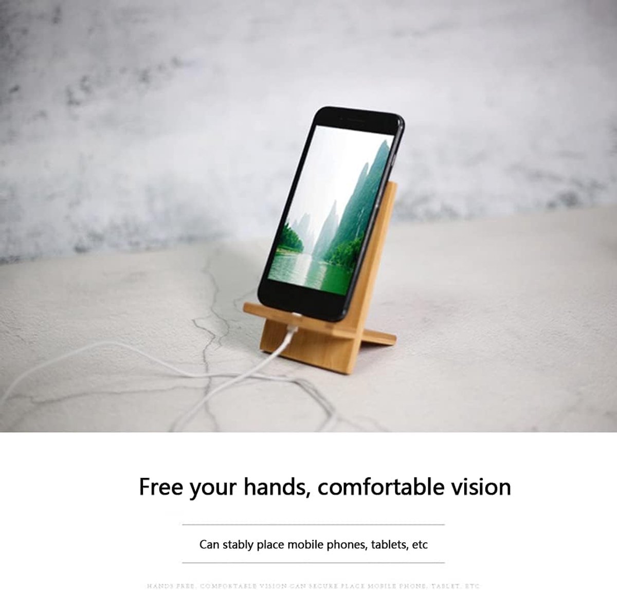L mobiele telefoonhouder, tabletstandaard, tafelhouder, mobiele telefoonhouder voor alle mobiele telefoons met bamboe laadgat