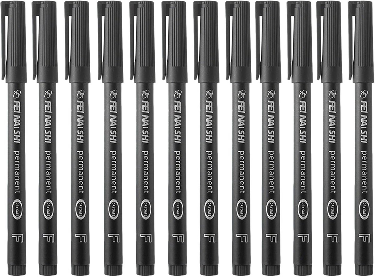 Set van 12 zwarte markers, onuitwisbaar, fijne punt, 0,6 mm, zwart, onuitwisbaar, duurzaam, waterbestendig, voor - ShopVlot