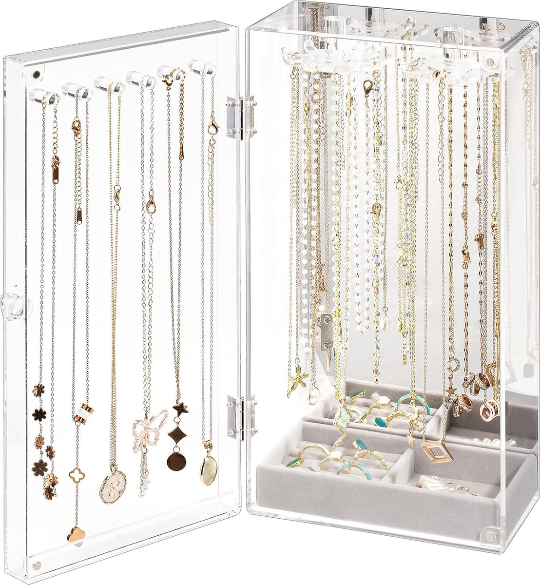 Juwelenhouder met 24 haken - transparant acryl - stofdicht - sieradenorganizer met spiegel - ShopVlot
