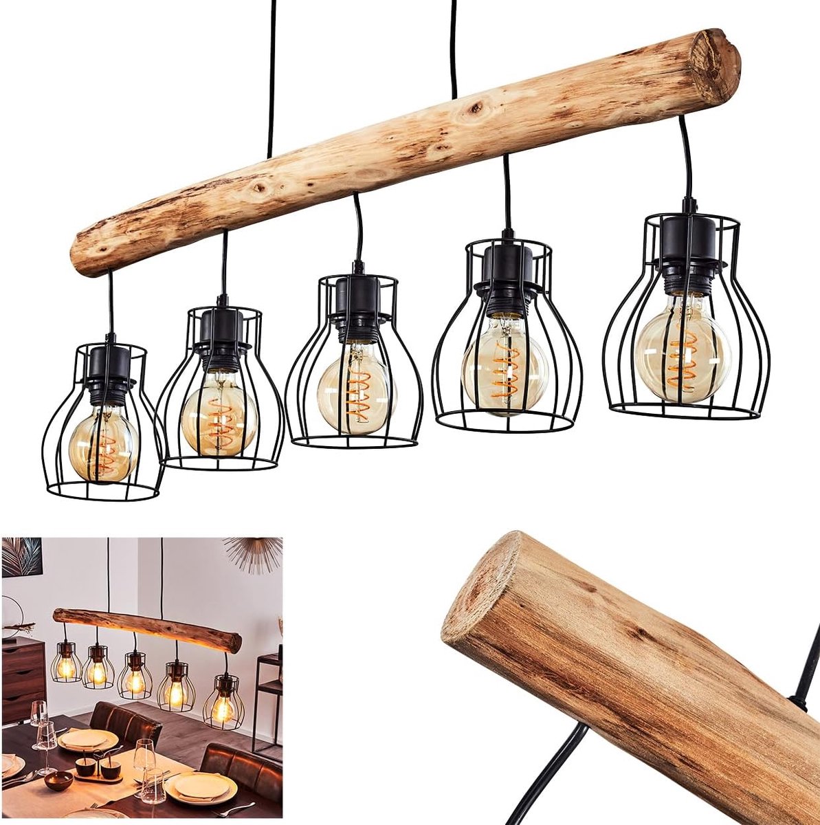 Gondo, hanglamp van metaal/hout in zwart/bruin, 5 lampen, 5 x E27, moderne hanglamp, zonder gloeilampen