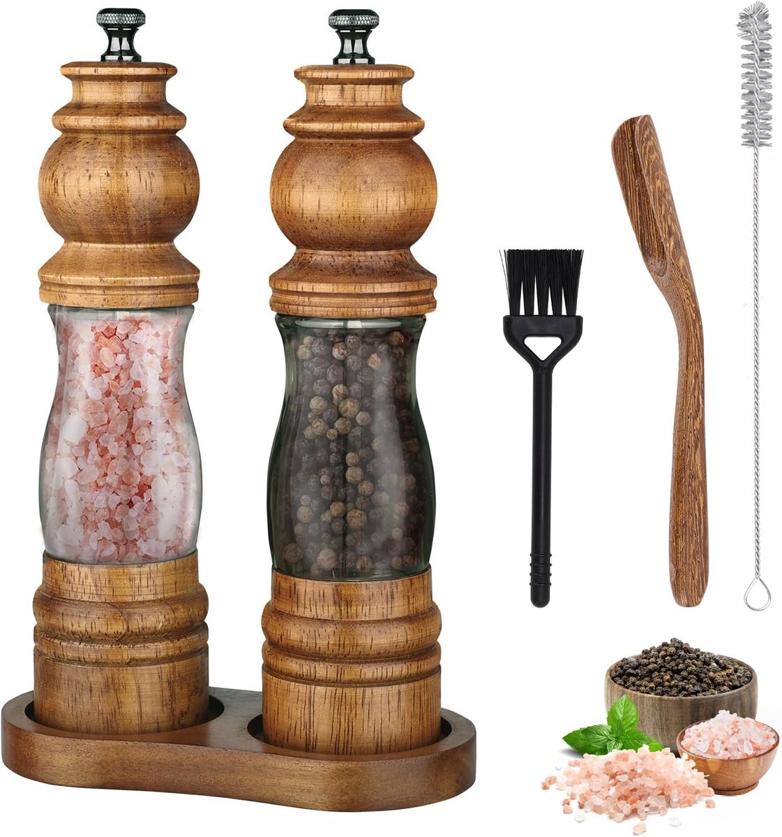 Pepermolenset met Houten Bord en Lepel, 20 cm Handmatige Pepermolen, Aanpasbare Maalgraad, Navulbare Pepermolen met Keramische Maalkern voor Keuken, Helder Acryl
