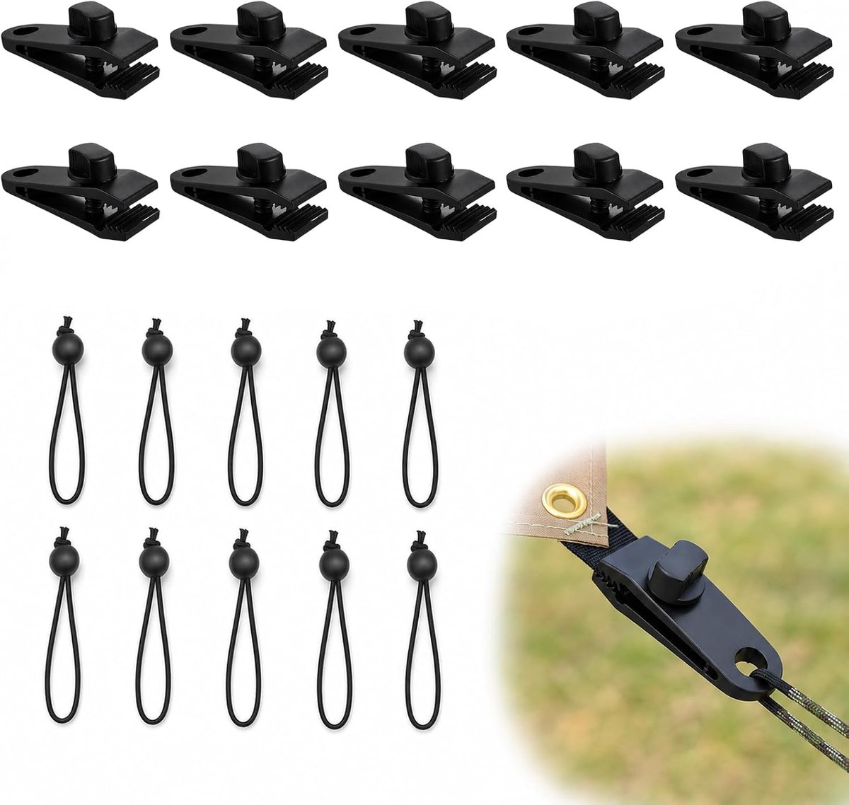 20 stuks zeilspanners set - 10 Heavy Duty Tarp Clips & 10 spanrubbers met bal voor camping, voortent - ShopVlot