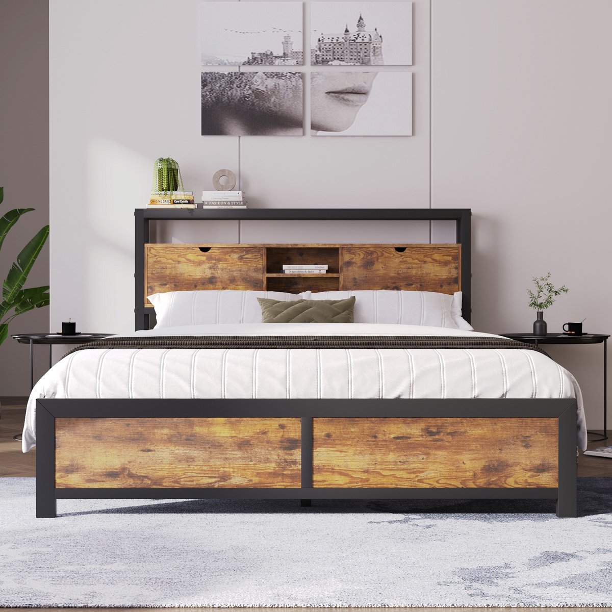 STILVORA Metalen Twijfelaarbedden 140x200 cm - Robuust Bed Met Opbergruimte Hoofdeinde - Metaal - Natuurlijk (Geen Matras) Naturel