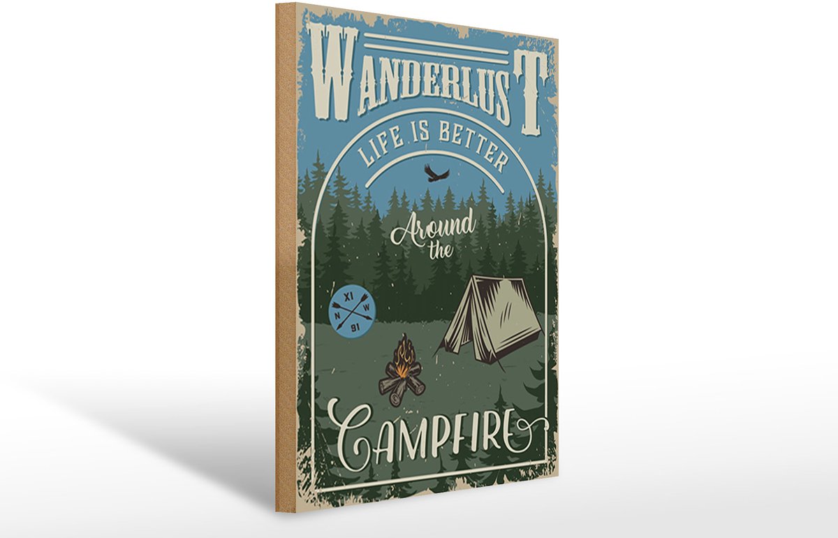 Holzschild Retro 30x40cm Wanderlust camping