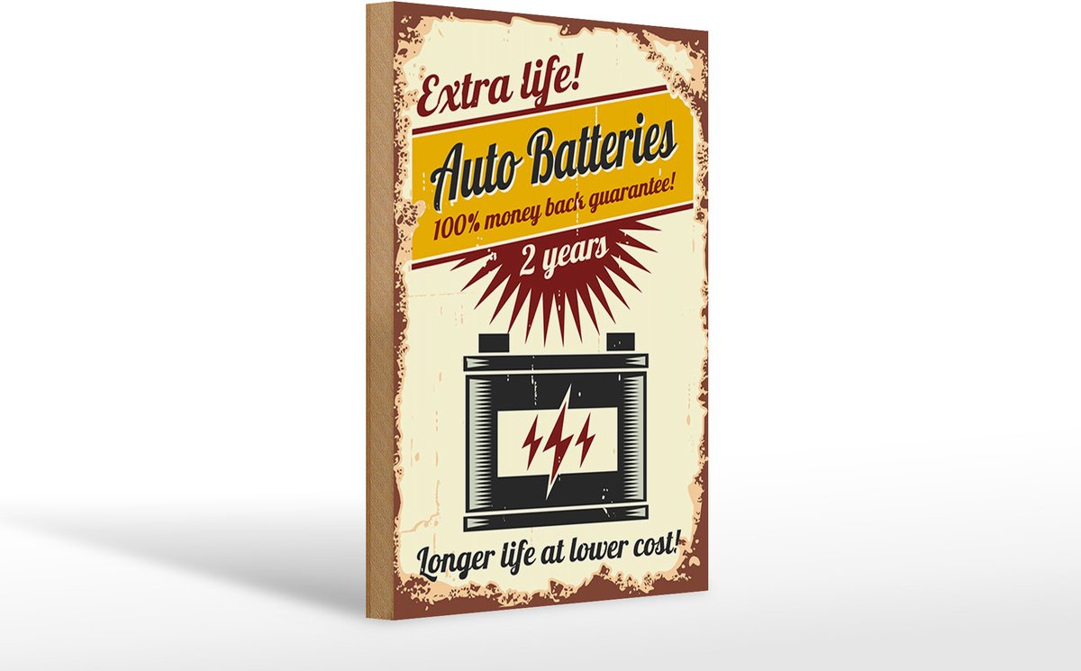 Holzschild Retro 20x30cm Extra Life Auto Batteries